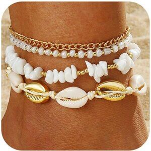 Women Shell Anklet Set Boho Gold Beaded Adjustable Beach Seashell Foot Jewelry